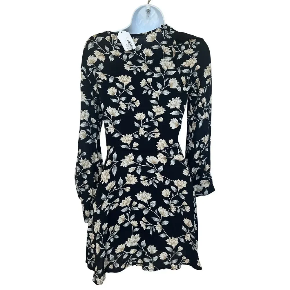 Flynn Skye Black Floral Mini Dress SMALL Work Career Long Sleeve Designer $172